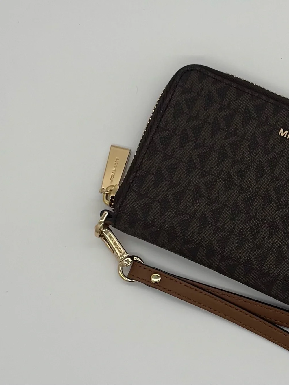 Michael Kors Brown MK Logo Zip-Around Wristlet with Gold Hardware